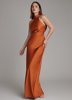 Azazie Dimitra Bridesmaid Dresses Cinnamon Sheath Pleated Stretch Satin Dress image4
