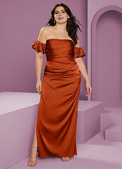 Barbie ♥ Azazie Bridesmaid Dresses Paprika Sheath Off the Shoulder Stretch Satin Convertible Dress image10