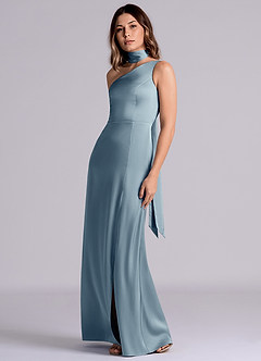 Azazie Philana Bridesmaid Dresses Dusty Blue A-Line One Shoulder Stretch Satin Dress image6
