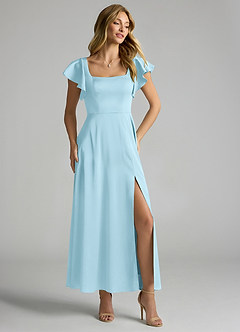 Azazie Bondi 신부 들러리 드레스 A라인 셔링 스트레치 새틴 발목 길이 드레스 image1