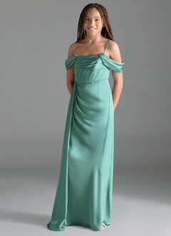 Azazie Amyra Junior Aqua Sheath Off the Shoulder Stretch Satin Dress image4