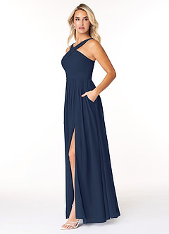 Azazie Elvira Bridesmaid Dresses Dark Navy A-Line Pleated Chiffon Dress image3