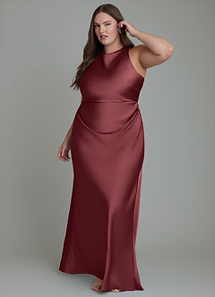 Azazie Evadne Bridesmaid Dresses Merlot Sheath Pleated Stretch Satin Dress image11