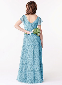 Azazie Omari Junior Blue Fern Floral A-Line Ruched Chiffon Dress image2