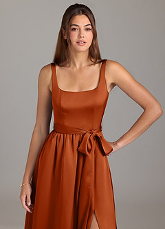 Azazie Elliott Bridesmaid Dresses Burnt Orange A-Line with Pockets Stretch Satin Dress image2