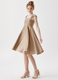 Azazie Amira Junior Taupe A-Line Pleated Stretch Satin Dress image4