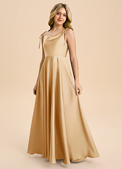 Azazie Popsy Junior Vestido de Oro de Satén Elástico de Corte en A con Lazo image6