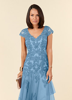Azazie Romy Mother of the Bride Dresses Steel Blue Mermaid V-Neck Sequins Tulle Dress image5