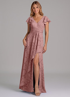 Azazie Omari 신부 들러리 드레스 A라인 주름진 플로럴 번아웃 바닥 길이 드레스 image5