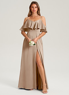 Azazie Jean Jurken voor bruidsmeisjes Jurk van Stretch Satijn met A-Lijn Off the Shoulder Taupe image1