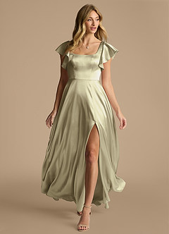 Azazie Bondi Bridesmaid Dresses Moss Green A-Line Bow Metallic Satin Dress image6