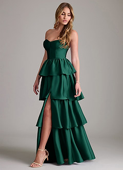 Azazie Faye Bridesmaid Dresses Emerald A-Line Ruched Stretch Satin Dress image3