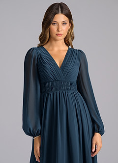 Azazie Palerma Robes de demoiselle d'honneur Robe Trapèze en Mousseline de soie Manches longues Bleu Marine Foncé image6