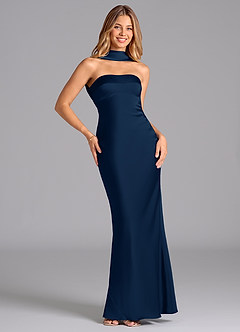 Azazie Lusinda Brudtärnklänningar Klä av Sjöjungfru i Stretch Satin Axelbandslös Mörk Marinblå image3