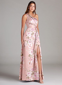 Azazie Brooke Bridesmaid Dresses Rosy Floral Bloom A-Line One Shoulder Stretch Satin Dress image4