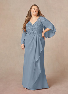 Azazie Perry vestidos de madre de la novia Vestido de Azul Polvoriento de Gasa de Corte Sirena con Encaje cuello pico image9