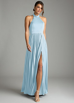 Azazie Zienna Final Sale Sky Blue A-Line Pleated Stretch Satin Dress image4