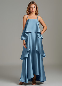 Azazie Azalea Robes de demoiselle d'honneur Robe Trapèze en Satin extensible Drapé Acier Bleuté image1