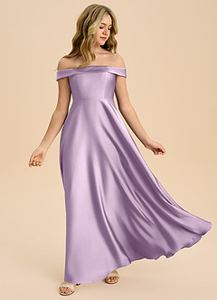 Azazie Sissy Junior Frosted Lilac A-Line Off the Shoulder Stretch Satin Dress image5