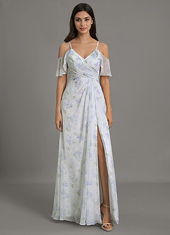 Azazie Dakota Bridesmaid Dresses Blue Vintage Floral A-Line V-Neck Pleated Chiffon Dress image1