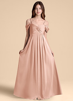 Azazie Kaitlynn Junior Robe Trapèze en Satin extensible Épaule décolletée Or Rose image6