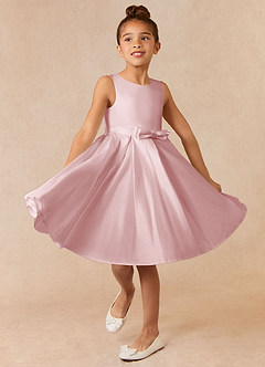 Azazie Coco Blumenmädchenkleider A-Linie Schleifen Matte Satin Kleid Puderrosa image1