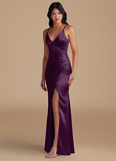 Azazie Shania Bridesmaid Dresses Plum Sheath Pleated Metallic Satin Dress image6