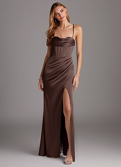 Azazie Brookelle At-home Try On Dresses Agave Sheath Sweetheart Corset Stretch Satin Dress image4