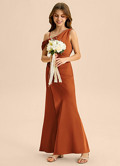 Azazie Madelyn Junior Osłona Zza ramienia Satyna elastyczna Długość podłogi Młodsza druhna Sukienka image5