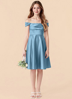 Azazie Amira Junior Steel Blue A-Line Pleated Stretch Satin Dress image6