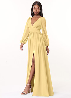 Azazie Norah Bridesmaid Dresses Butter A-Line V-Neck Long Sleeve Chiffon Dress image4