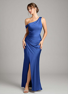 Azazie Madelyn Bridesmaid Dresses Royal Blue Mermaid One Shoulder Stretch Satin Convertible Dress image1