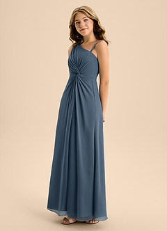 Azazie Brooke Junior Abito A-Line in Chiffon Spacco Laterale Blu Nettuno image6
