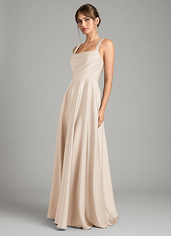 Azazie Shaude Vestidos de damas de honor Vestido de Alabastro Blanco de Satén Elástico de Corte en A con Plisado image5