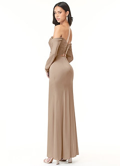 Azazie Hallie Vestidos de damas de honor Vestido de Gris Pardo de Satén Elástico de Corte Recto Convertible con Manga larga con hombros descubiertos image6