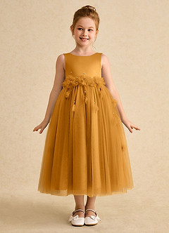 Azazie Lux Flower Girl Dresses Butterscotch A-Line Beaded Tulle Dress image5