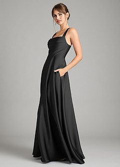 Azazie Shaude Bridesmaid Dresses Black A-Line Pleated Stretch Satin Dress image4