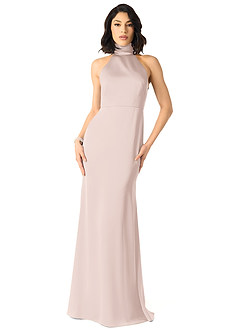 Azazie x Delaney Bridesmaid Dresses Blushing Pink Sheath High Neck Stretch Satin Dress image1