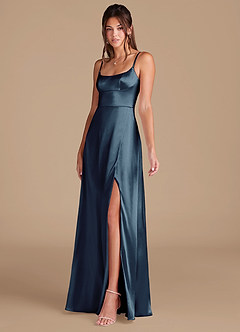 Azazie Halsey Bridesmaid Dresses Dark Navy A-Line Side Slit Metallic Satin Dress image4