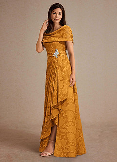 Azazie Branford Mother of the Bride Dresses Butterscotch A-Line Pleated Floral Burnout Dress image2