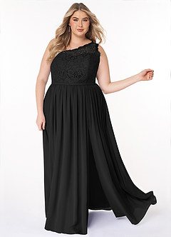 Azazie Demi Vestidos de damas de honor Vestido de Negro de Gasa de Corte en A con Hombro unilateral image9