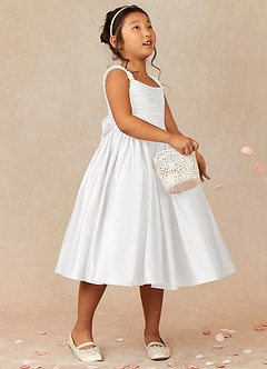 Azazie Cutie Pie Flower Girl Dresses White A-Line Pleated Matte Satin Dress image1