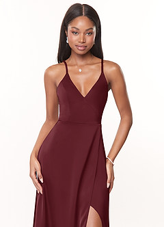 Azazie Maksim Bridesmaid Dresses Cabernet A-Line V-Neck Stretch Satin Dress image5