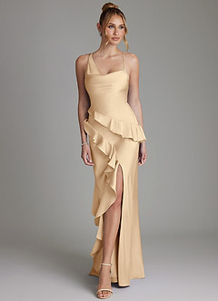 Azazie Jayda Bridesmaid Dresses Champagne A-Line Ruched Stretch Satin Dress image4