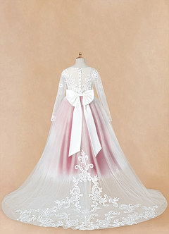 Azazie Elodie Flower Girl Dresses Ivory Burgundy Ball-Gown Lace Dress image13