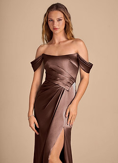 Azazie Shea Bridesmaid Dresses Espresso Mermaid Off the Shoulder Metallic Satin Convertible Dress image6