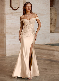 Linange Champagne Off-Shoulder Lace Corset Satin Slit Gown image3