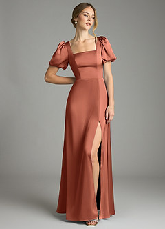 Azazie Fyona Bridesmaid Dresses Clay A-Line Pleated Stretch Satin Dress image3