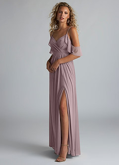 Azazie Fiena Final Sale Desert Rose A-Line V-neck Ruched Mesh Dress image2