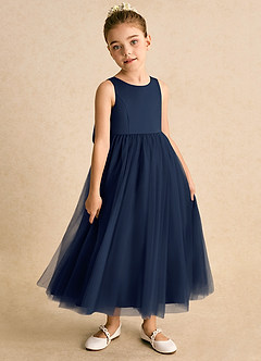 Azazie Solia vestidos de niña de las flores Vestido de Azul Marino Oscuro de Tul de Princesa con Lazo image4